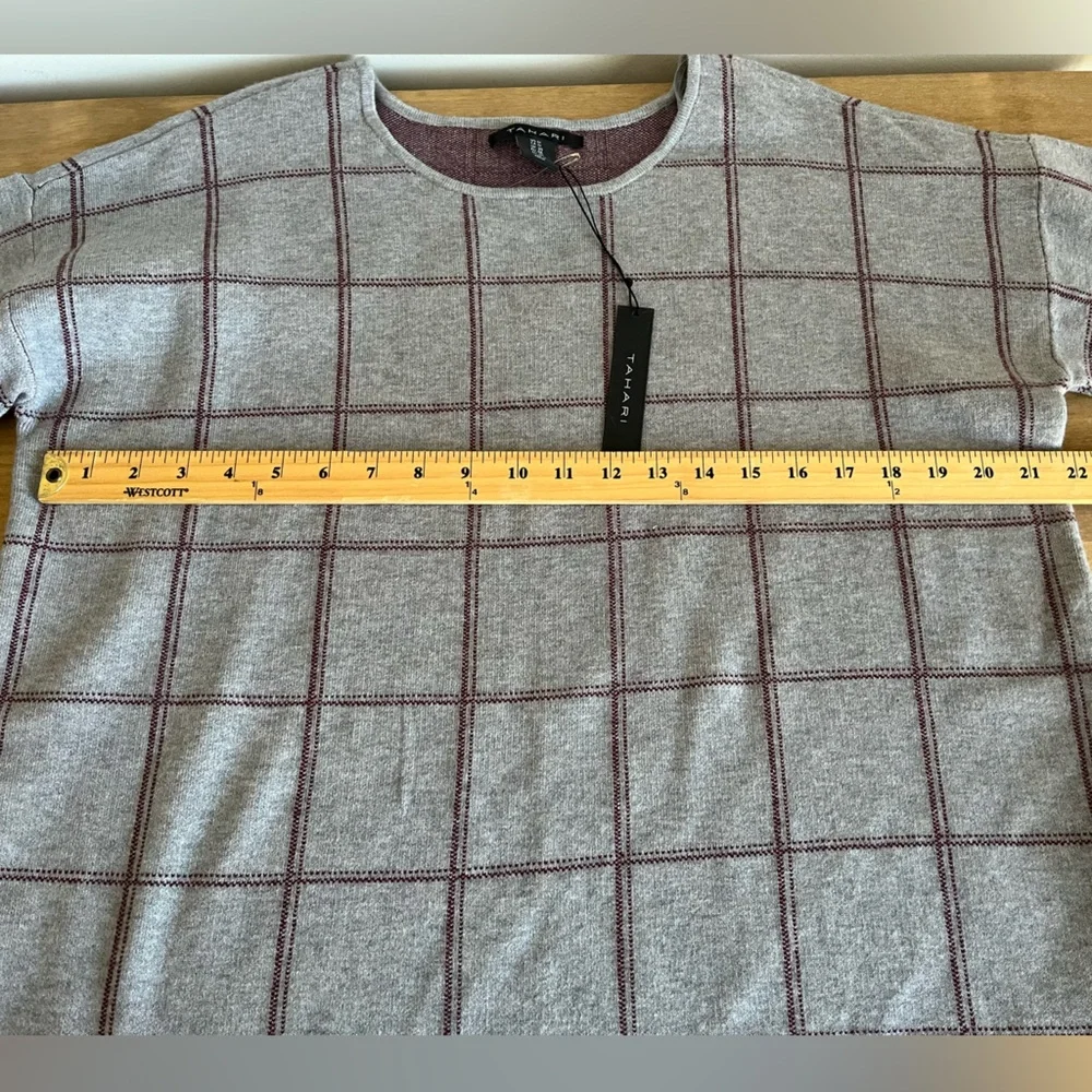 NWT TAHARI Pullover Plaid Knit Sweater Top 3/4 Sleeves Tunic Grey Red Women’s 1X - Picture 11 of 13